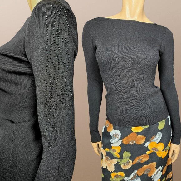 Vintage 90s Black Sweater Beaded Sleeves Size M Slim Ribbed Boat Neck Basic Top - Picture 1 of 6
